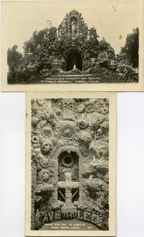 (2 cards) RPPC Immaculate Conception Grotto Carroll Iowa and Grotto at West Bend