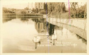 Manzanita Lake Pet Swans U of N Reno 1930s RPPC Photo Postcard 20-7376