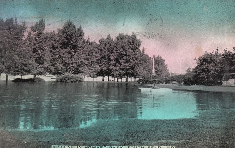 Vintage Postcard 1909 Scene on Howard Park Lake Trees South Bend Indiana IN