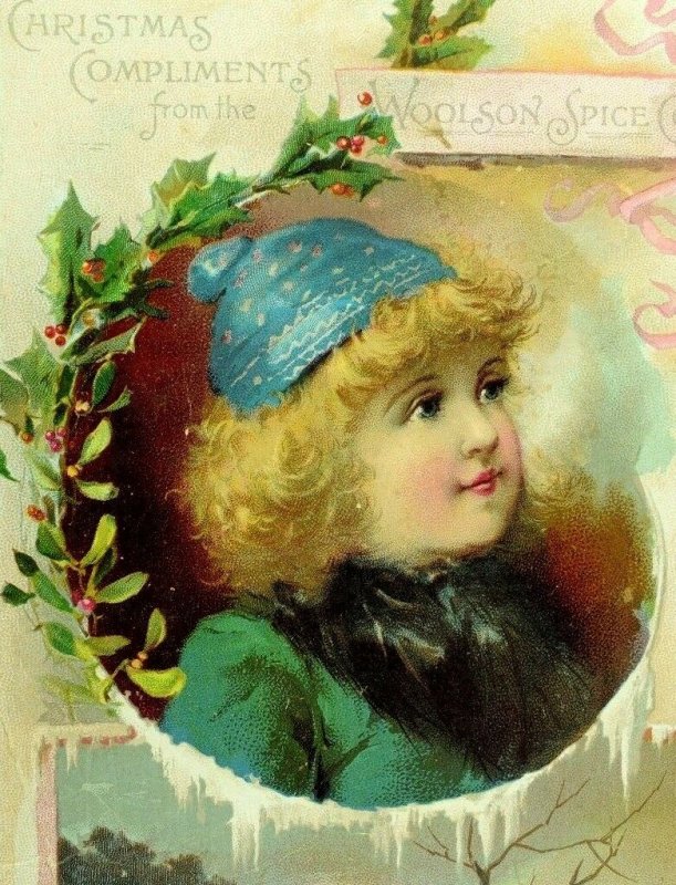 1870's-80's Lovely Girl Winter Christmas Woolson Spice Victorian Scrap Card *X
