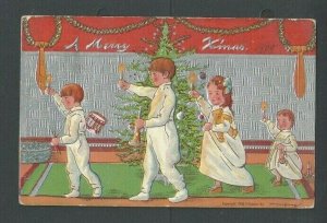 1909 Xmas Greeting Children Reaching For Stockings Multicolored Embossed