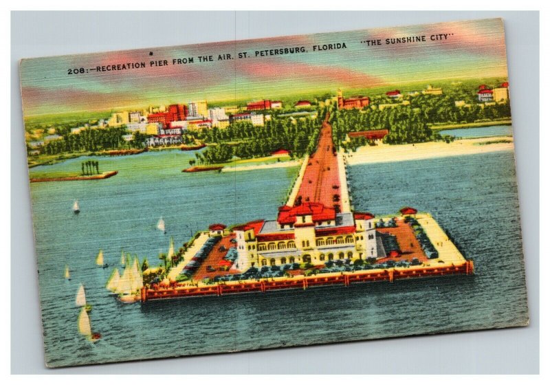 Vintage 1930's Postcard Aerial Recreation Pier Sailboats St. Petersburg Florida