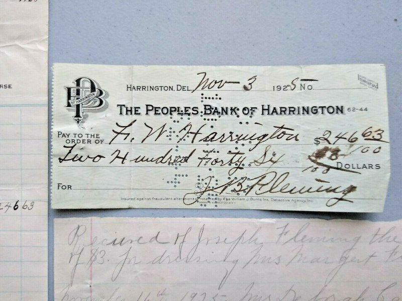 1925 Harrington Delaware Undertaker Letterhead Peoples Bank Check Fleming