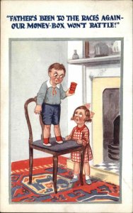 Children Cute Kids Gambling Father c1920 Vintage Postcard