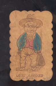 VINTAGE LEATHER POSTCARD HOBO BUM JUST ARRIVED RIVERSIDE IOWA