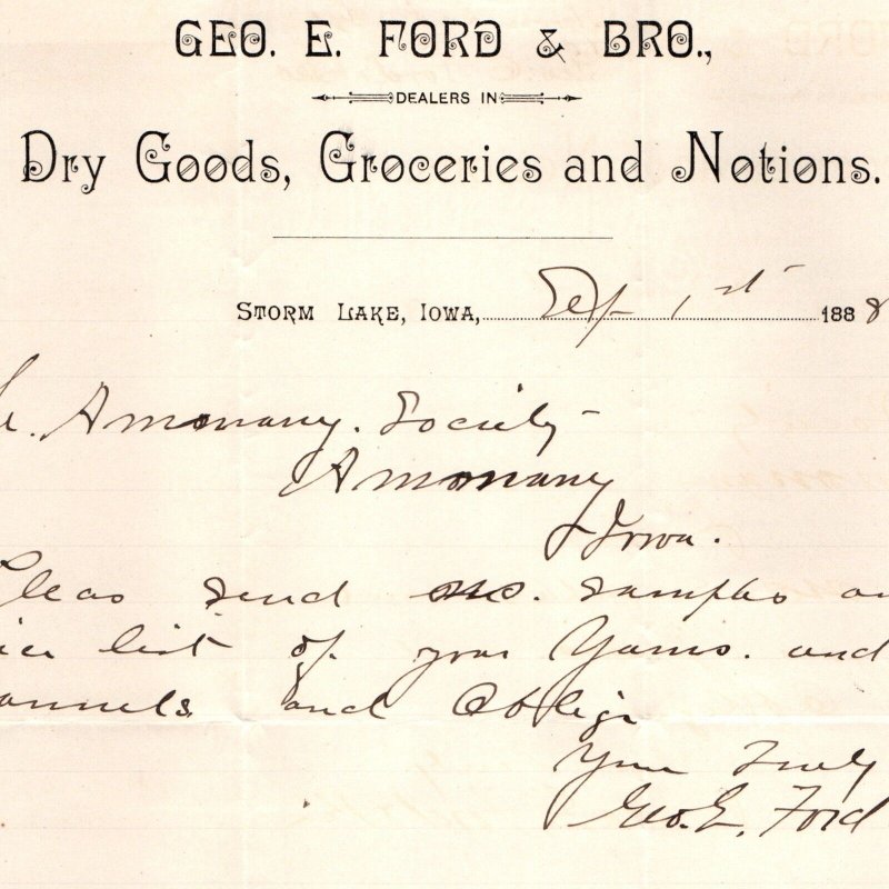 1888 Storm Lake, IA Geo E. Ford Dry Goods Groceries Memo Letterhead Amana IA R2