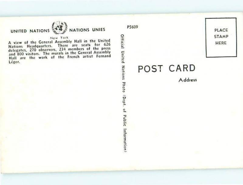 Vintage Postcard United Nations General Assembly Hall New York  # 1149