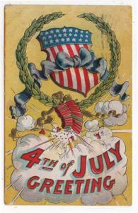 Vintage Fourth of July Greetings Post Card, Exploding Firecrackers, 1909