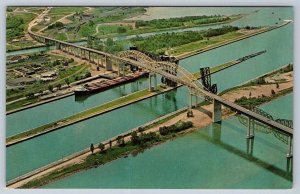 Sault Ste Marie International Bridge, Vintage Chrome Aerial View Postcard #1