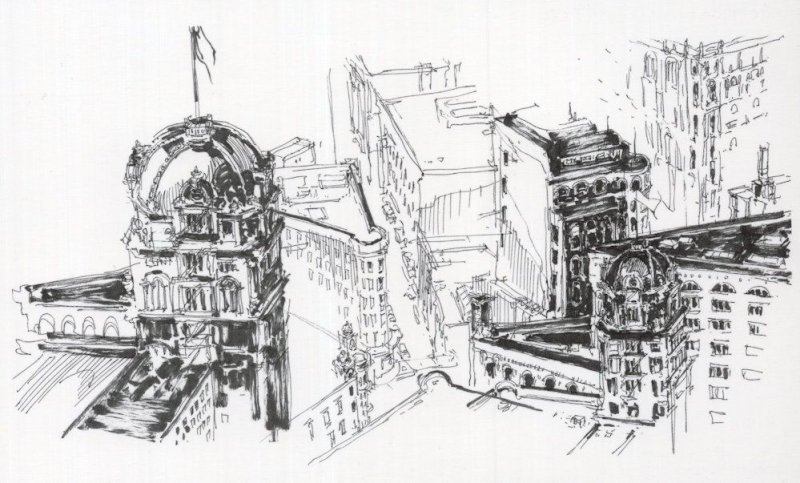 Market Street Two Sketch Views Aerial San Fransisco Painting Postcard