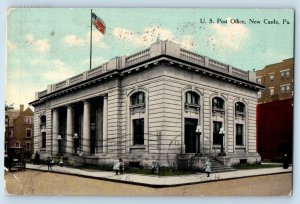 New Castle Pennsylvania Postcard U. S. Post Office Building Roadside 1910 Flag