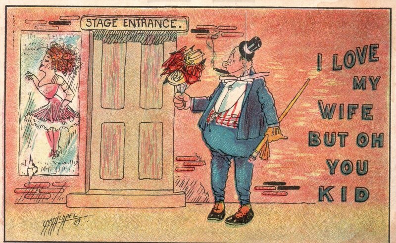 Vintage Postcard Stage Entrance Girl Dancing Married Man Man Brings Flower 