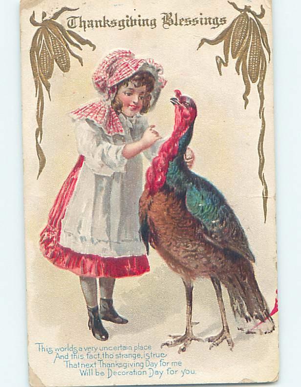 Pre-Linen thanksgiving CUTE GIRL AND TURKEY BIRD ARE THE SAME HEIGHT HL1836