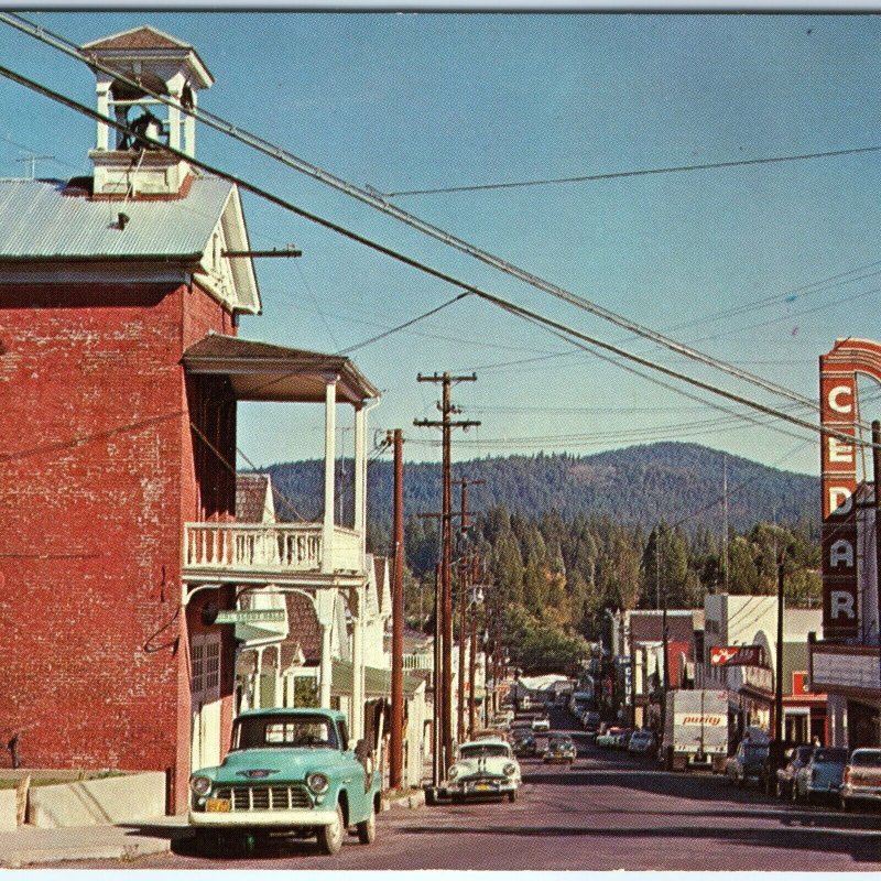 c1950s Nevada City, CA Downtown Chrome Photo Postcard Main St Brick Power A89