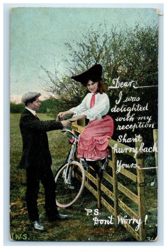 c1910's Boy And Girl Sitting Fence Bicycle Unposted Antique Germany Postcard 