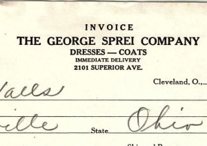 1938 THE GEORGE SPREI COMPANY CLEVELAND OH DRESSES COATS BILLHEAD INVOICE Z3502