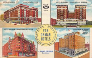 Linen Postcard Multiple Views of Van Orman Hotels in Indiana~129179