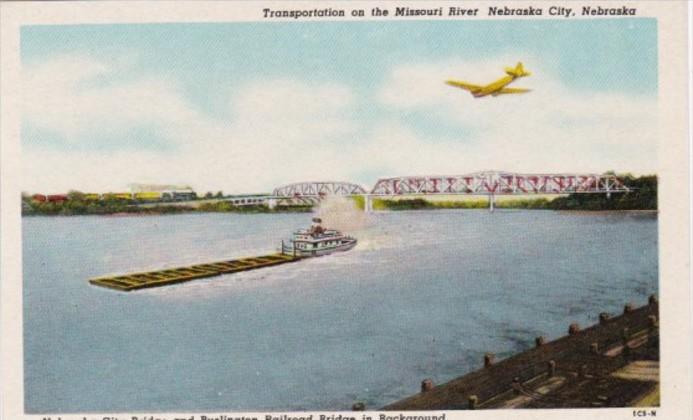 Nebraska Nebraska City Bridge & Burlington Railroad Bridge In Background Curt...