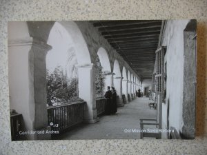 SANTA BARBARA, CA 1950s real photo CORRIDOR & ARCHES and priests at OLD MISSION