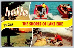 Hello From The Shores Of Lake Erie Banner, Vintage Split View Postcard, NOS