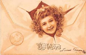 Best Wishes Girls Face Envelope Antique Postcard J55143