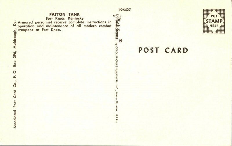 Patton Tank, Army Training Center, Fort Knox KY Vintage Postcard G54
