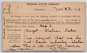 Indiana State Library 1918 To Kendallville Public Library Librarian Postcard A41