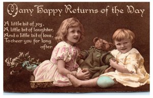 1910s Many Happy Returns of the Day Children with Teddy Bear Clifton Postcard