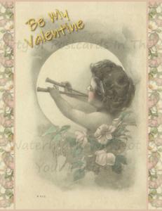 Handmade Valentine Postcards Set of 6, Old Fashioned Cupid and Country Roses