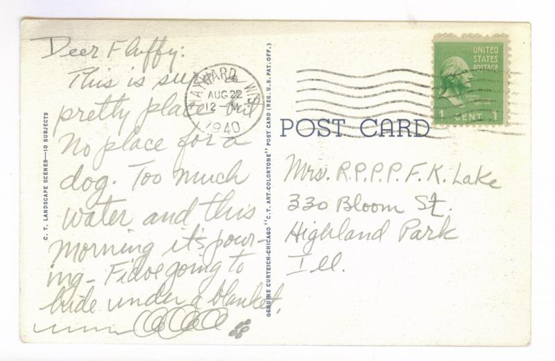 Hayward, Wisconsin to Highland Park, Illinois 1940 used Postcard, Rhinelander