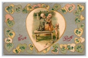 Vintage 1910's Winsch Valentine Postcard Silk Heart Cupid Colonial Lovers Hearts