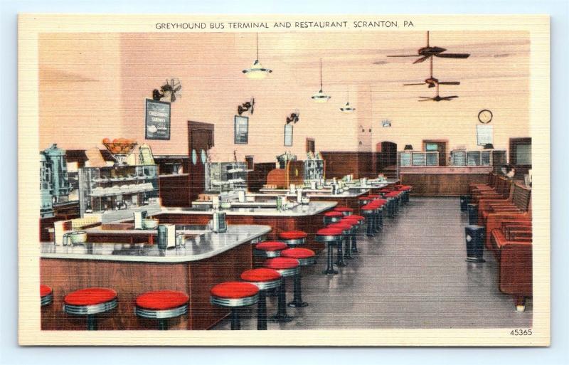 Postcard PA Scranton Greyhound Bus Terminal Restaurant Interior Vintage K16