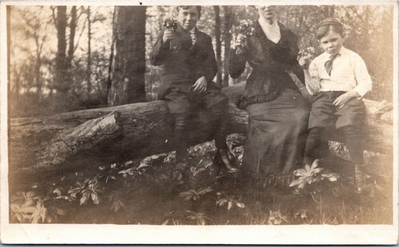 RPPC Postcard Ontario Chatham Woman & Boys Picked Bouquets of Flowers ~1910 K91
