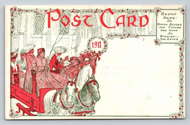 c1911 Horse & Carriage New Year School Invitation ANTIQUE Postcard 1034