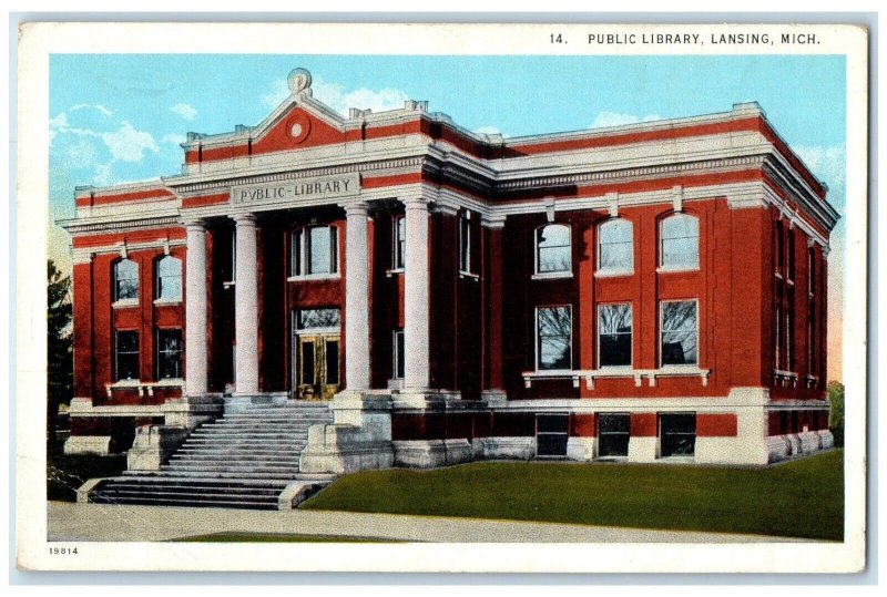 c1910 Exterior View Public Library Building Lansing Michigan MI Vintage Postcard