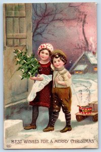 Christmas Postcard Children With Little Christmas Tree Winter Scene Joplin MO
