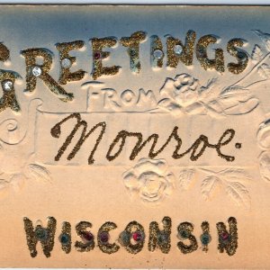 c1910s Monroe, WI Gold Glitter Greetings Mica Embossed Roses Postcard Wis A117