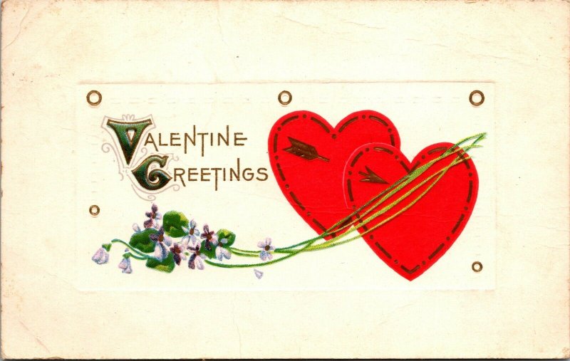 VALENTINE Antique PC GREETING HEART FLOWERS - VINTAGE - POSTED POSTCARD 