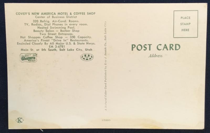 Postcard Unused Covey’s Motel & Coffee Shop Salt Lake City UT  LB