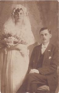 RPPC VINTAGE WEDDING PHOTO POSTCARD BRIDE WITH HUSBAND MARRIAGE COUPLE