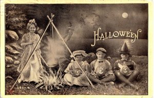 Vintage Halloween Real Photo Postcard Children, Ghost, Witch, JOL, Fire (RARE)