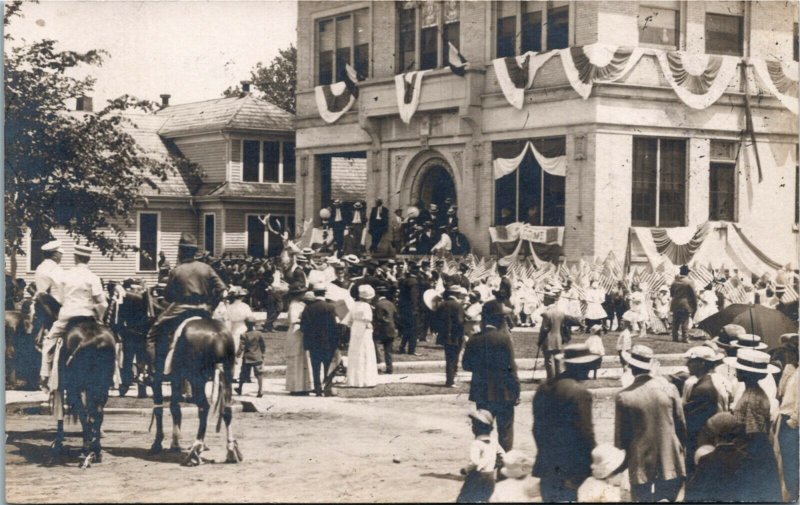 AZO RPPC IL Start of Elks' Parade Band American Flags Children ~1910 H1