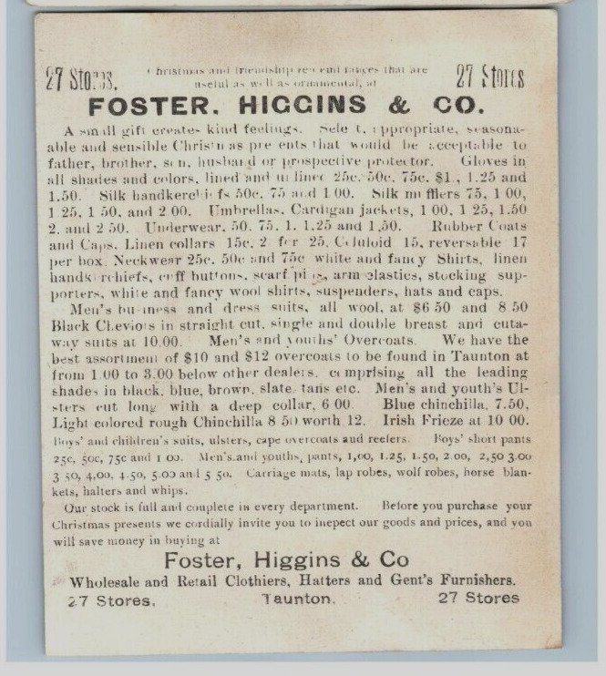 1880s-90s Foster Higgins & Co. Trunks Bags Clothiers Hatters #5W