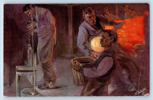 Oilette Postcard Die Glashutte Glassblowers Bild Workers Tuck c1910's Unposted