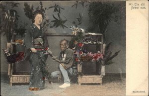 Japanese Old Flower Man with Beautiful Woman in Kimono c1910 Postcard