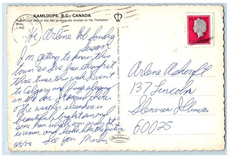 1978 Birds Eye View Thompson River Kamloops BC Canada Vintage Antique