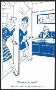 ARCADE CARD Man at Desk Wife & Secretary Walk In Come on in Dear Unused c1940s