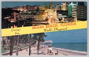 1950s-60s GREETINGS FROM MIAMI BEACH FLORIDA FL 2 VIEWS VINTAGE BANNER POSTCARD