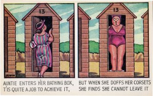 Fat Lady Stuck In Beach Hut Seaside Disaster Comic Old Postcard
