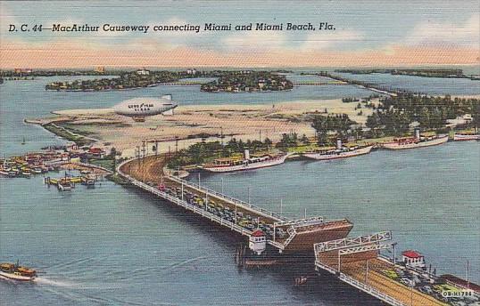 Yachts Moored Along Miami and Miami Beach Causeway Bridge and Goodyear Blimp ...